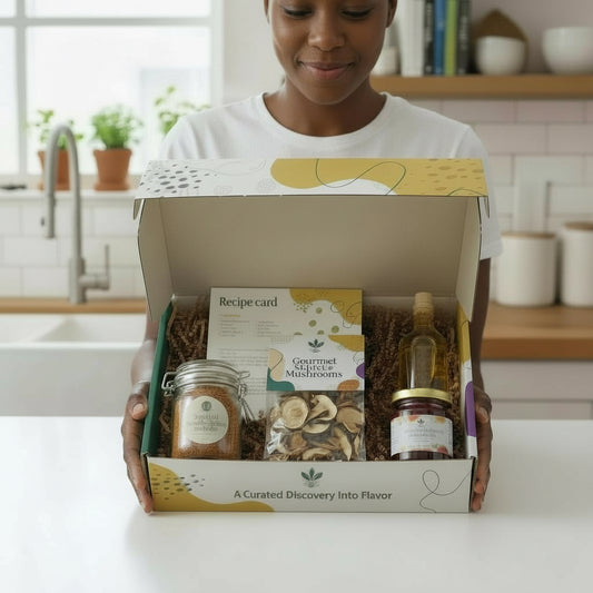 Person holding a box of gourmet ingredients with a recipe card in a kitchen setting
Explorer Flavor Root Box food discovery subscription box with curated spices, sauces, snacks, and tea.
• Food discovery subscription box for first-time subscribers by Flavor Root Box
• Curated food subscription box for home cooks featuring spices and sauces
• Monthly food discovery box designed for flavor exploration