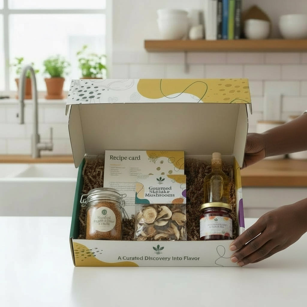 Open gift box with food items and a recipe card in a kitchen setting

Explorer Flavor Root Box food discovery subscription box with curated spices, sauces, snacks, and tea.

	•	Food discovery subscription box for first-time subscribers by Flavor Root Box
	•	Curated food subscription box for home cooks featuring spices and sauces
	•	Monthly food discovery box designed for flavor exploration