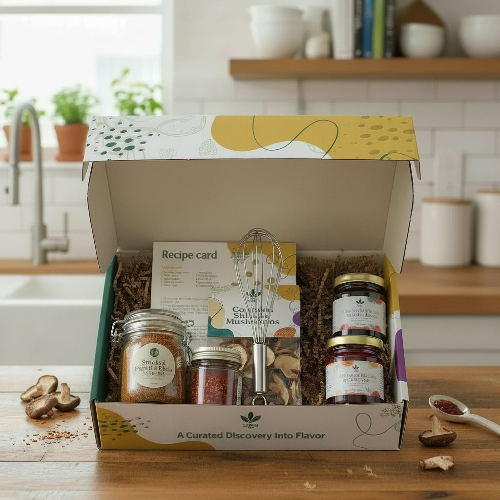 Open gift box with food items and a recipe card on a kitchen counter.

Enthusiast Flavor Root Box culinary subscription box with curated ingredients and kitchen tool for home cooks

	•	Culinary subscription box for home cooks featuring spices, sauces, and tools
	•	Cooking subscription box with kitchen tool by Flavor Root Box
	•	Gourmet food subscription box for hands-on cooking