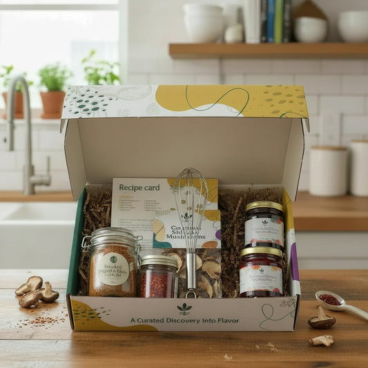 Open gift box with food items and a recipe card on a kitchen counter.

Enthusiast Flavor Root Box culinary subscription box with curated ingredients and kitchen tool for home cooks

	•	Culinary subscription box for home cooks featuring spices, sauces, and tools
	•	Cooking subscription box with kitchen tool by Flavor Root Box
	•	Gourmet food subscription box for hands-on cooking