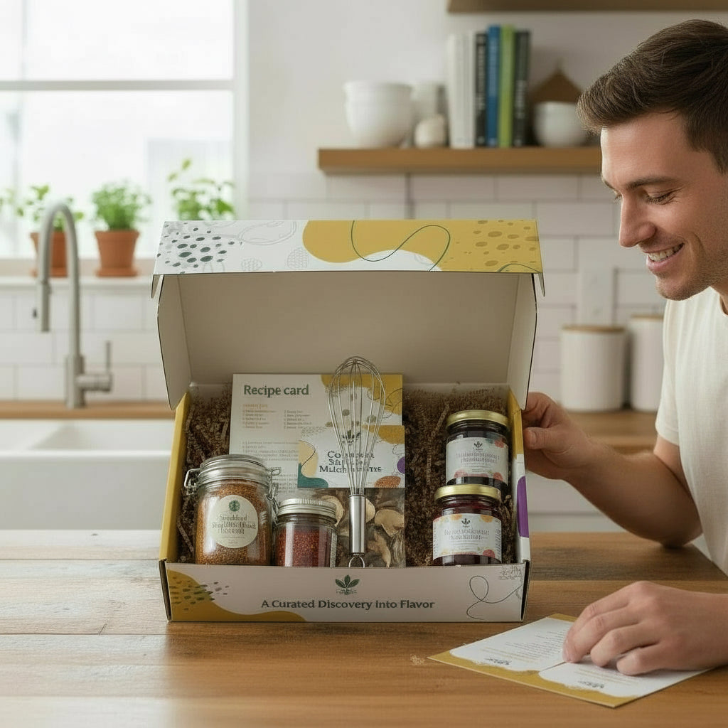 Man opening a food subscription box with ingredients and a recipe card in a kitchen.