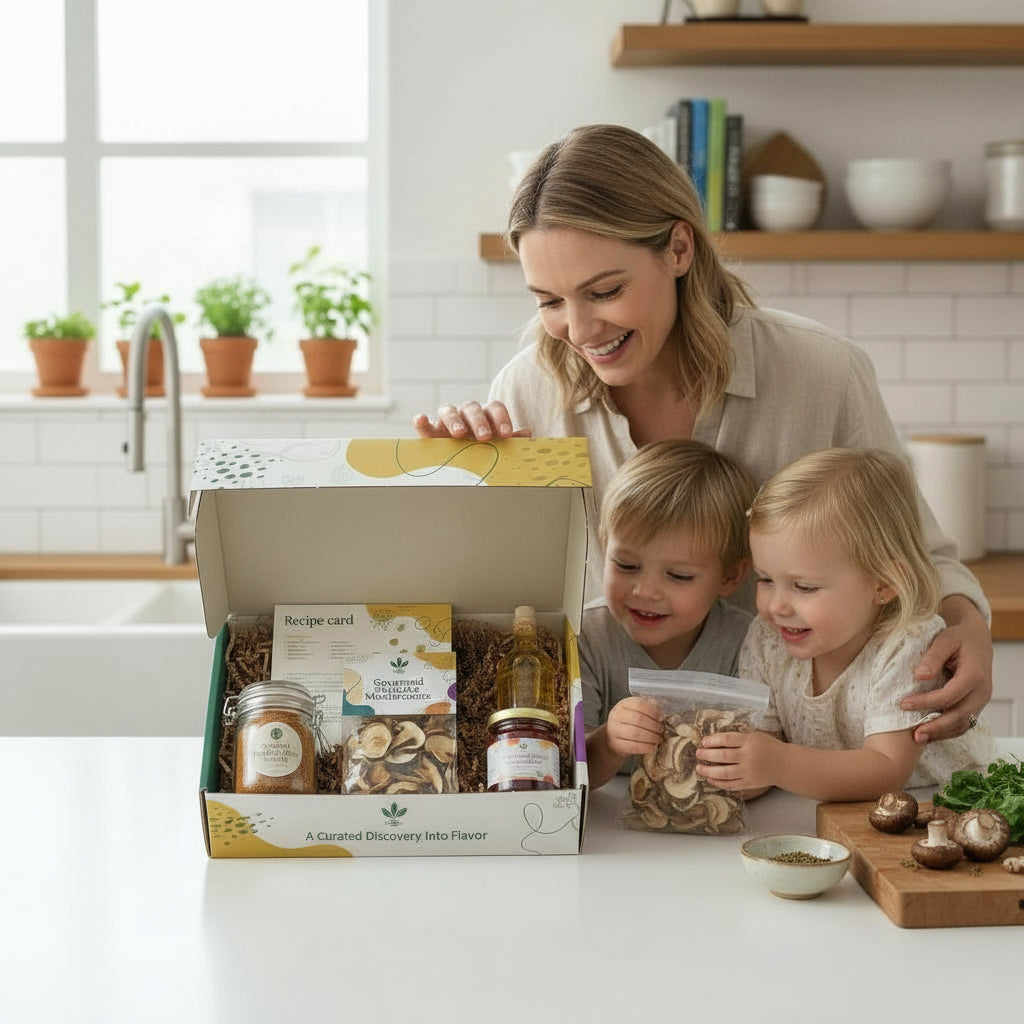 Woman and two children in a kitchen with a box of ingredients