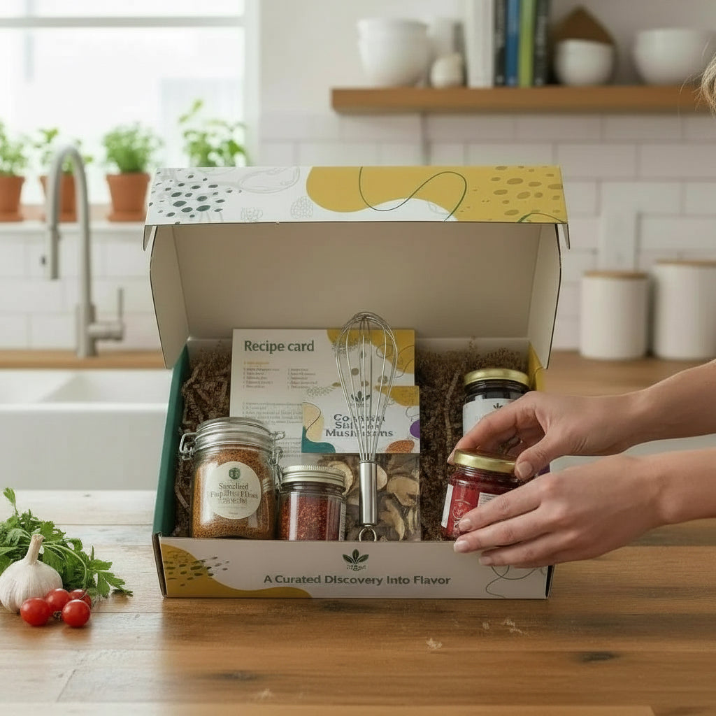 Open gift box with jars, a whisk, and a recipe card on a kitchen counter.

Enthusiast Flavor Root Box culinary subscription box with curated ingredients and kitchen tool for home cooks

	•	Culinary subscription box for home cooks featuring spices, sauces, and tools
	•	Cooking subscription box with kitchen tool by Flavor Root Box
	•	Gourmet food subscription box for hands-on cooking