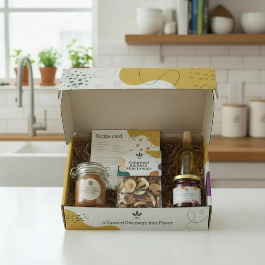 Open gift box with ingredients and a recipe card on a kitchen counter

Explorer Flavor Root Box food discovery subscription box with curated spices, sauces, snacks, and tea.

	•	Food discovery subscription box for first-time subscribers by Flavor Root Box
	•	Curated food subscription box for home cooks featuring spices and sauces
	•	Monthly food discovery box designed for flavor exploration