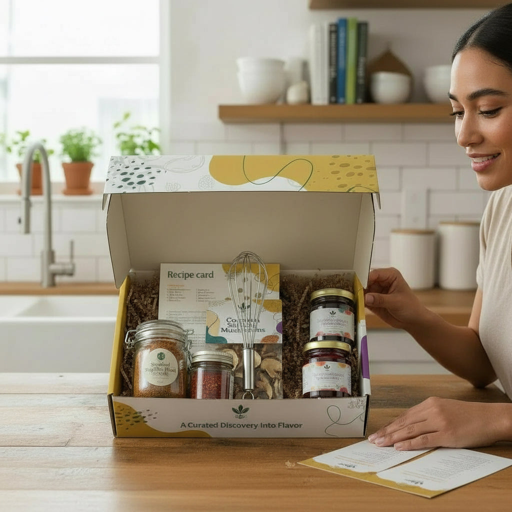 Woman opening a gift box with kitchen items on a wooden table.