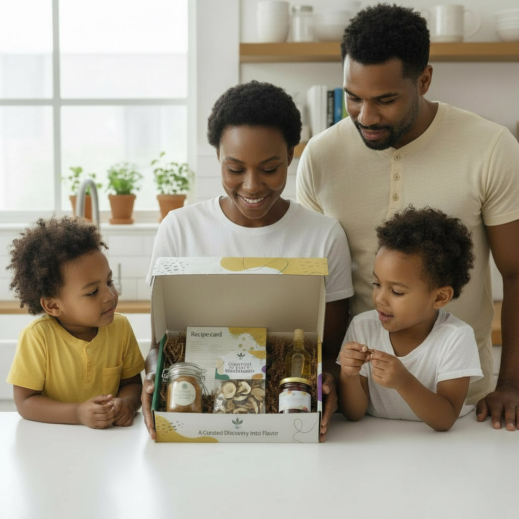 Family of four looking at a box of snacks in a kitchen

Explorer Flavor Root Box food discovery subscription box with curated spices, sauces, snacks, and tea.
	•	Food discovery subscription box for first-time subscribers by Flavor Root Box
	•	Curated food subscription box for home cooks featuring spices and sauces
	•	Monthly food discovery box designed for flavor exploration