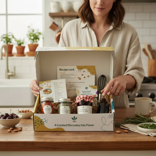 Person opening a food subscription box on a kitchen counter with ingredients and a recipe card.

Gourmet gift box with ingredients and kitchen items on a wooden counter

Artisan Flavor Root Box premium artisan food subscription box with curated ingredients and kitchen tools

	•	Premium artisan food subscription box for gifting by Flavor Root Box
	•	Luxury food subscription box featuring curated culinary products
	•	Gourmet artisan food subscription box designed for elevated cooking